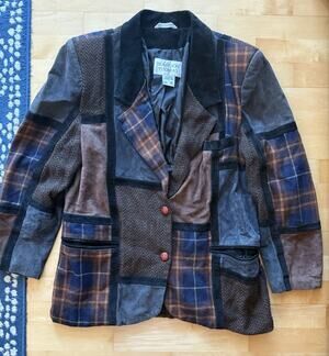 Vtg Brandon Thomas Leather Wool Jacket Blazer Patch Blu Brown Black Patchwork 14